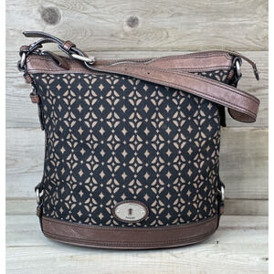 Fossil Maddox Brown Leather Black Canvas Geometric Shoulder Bucket Bag